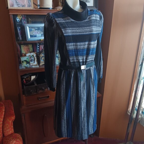 sz 13-14 Vintage New Wave Dress 1980's P.V. Rich Striped Knit Belted Made In USA - Picture 5 of 11